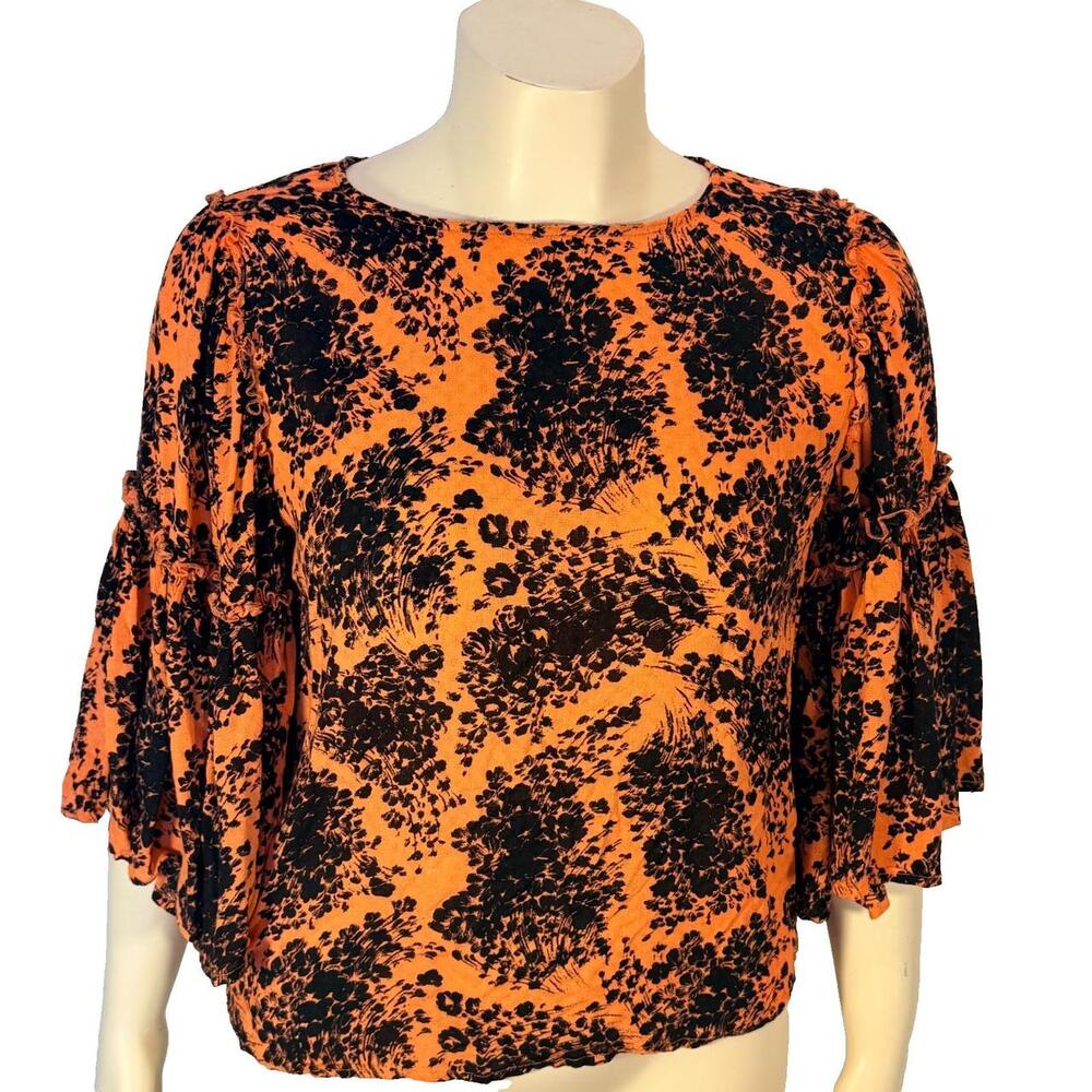 Hinge Blouse Women M Orange Abstract Floral Flared Relaxed